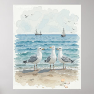  Watercolor Seagulls at the Beach Coastal Ocean Poster