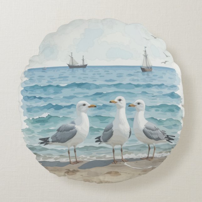  Watercolor Seagulls at the Beach Coastal Ocean Round Cushion (Front)
