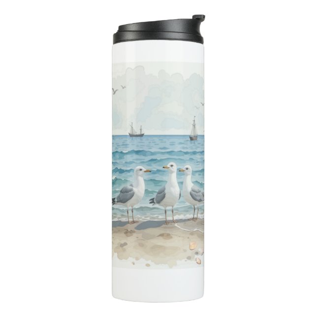  Watercolor Seagulls at the Beach Coastal Ocean Thermal Tumbler (Rotated Left)