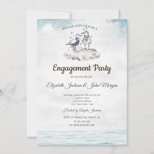 Watercolor Seagulls Beach Engagement Invitation (Front)