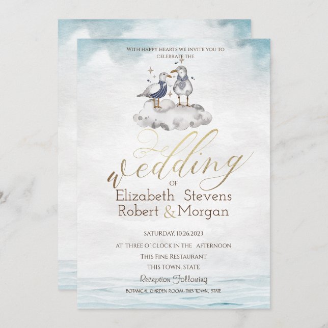 Watercolor Seagulls Beach Wedding Invitation (Front/Back)