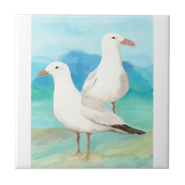 Watercolor Seagulls Gull Beach Bird Art Tile (Front)