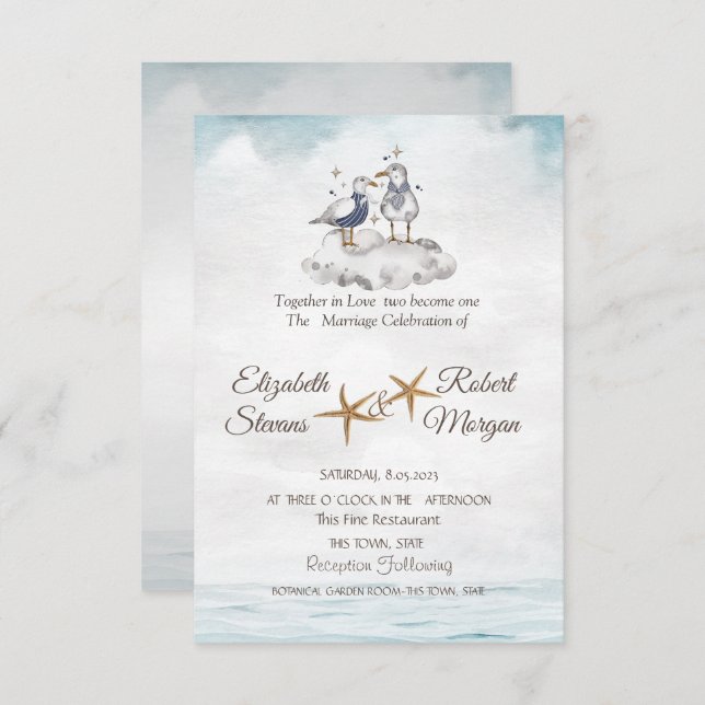  Watercolor Seagulls In Love Beach Wedding Invitation (Front/Back)