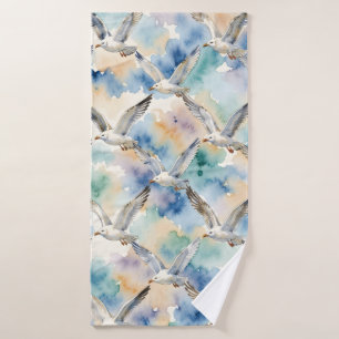 Watercolor Seagulls Seamless Pattern Coastal Home Bath Towel