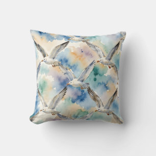 Watercolor Seagulls Seamless Pattern Coastal Home  Cushion