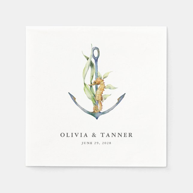 Watercolor Seahorse and Anchor Nautical Wedding Napkin (Front)
