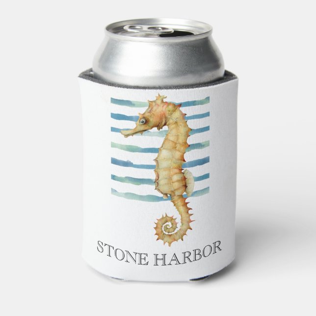 Watercolor Seahorse Beach Coastal Can Cooler (Can Back)