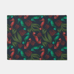 Watercolor Seahorse Blue Nautical Pattern Doormat