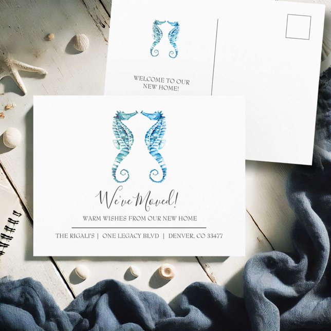 Watercolor Seahorse Change of Address Postcards (Change of address postcards watercolor seahorse art by Victoria Grigaliunas Do Tell A Belle)