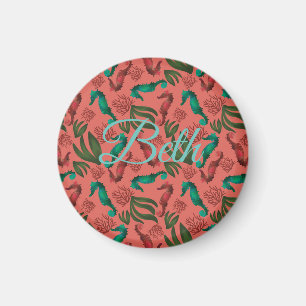 Watercolor Seahorse Coral Nautical Personalised Magnet