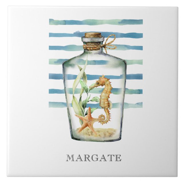Watercolor SEAHORSE in Bottle Beach MARGATE  Tile (Front)