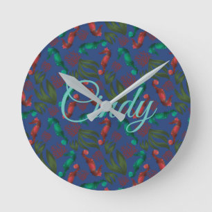 Watercolor Seahorse Indigo Nautical Personalised Round Clock