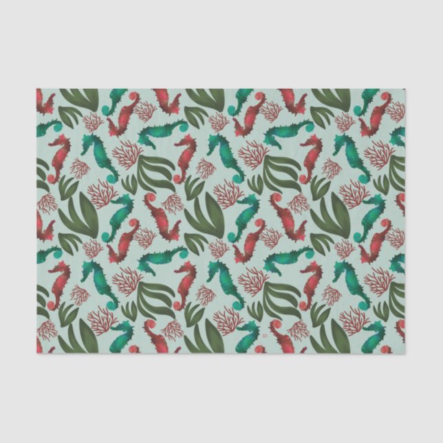 Watercolor Seahorse Mint Nautical Pattern Tissue Paper (Front)
