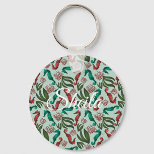 Watercolor Seahorse Mint Nautical Personalised Key Ring