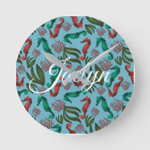Watercolor Seahorse Nautical Personalised  Round Clock