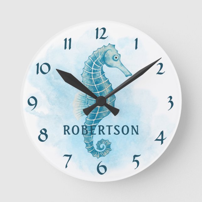 Watercolor Seahorse Ocean Beach Name Round Clock (Front)