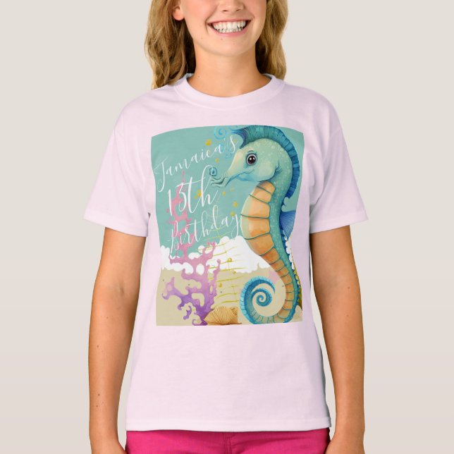 Watercolor Seahorse Ocean Birthday Party T-Shirt (Front)