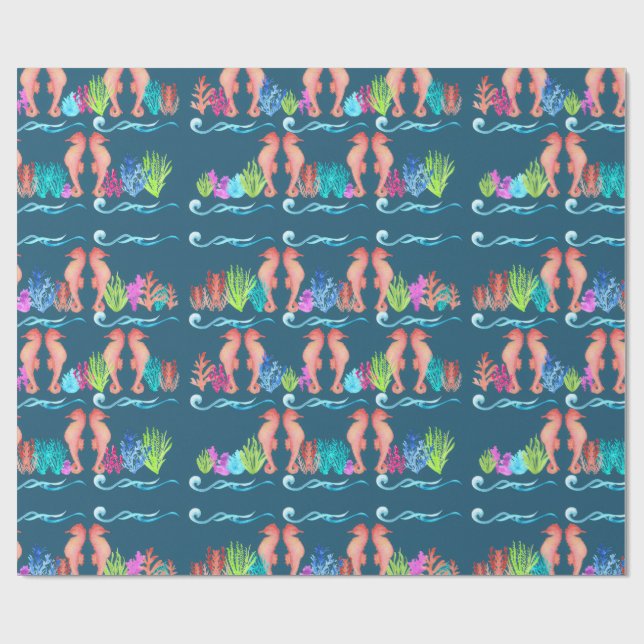Watercolor Seahorse Ocean Pattern Wrapping Paper (Flat)