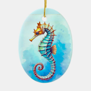 Watercolor Seahorse on Turquoise Ceramic Tree Decoration