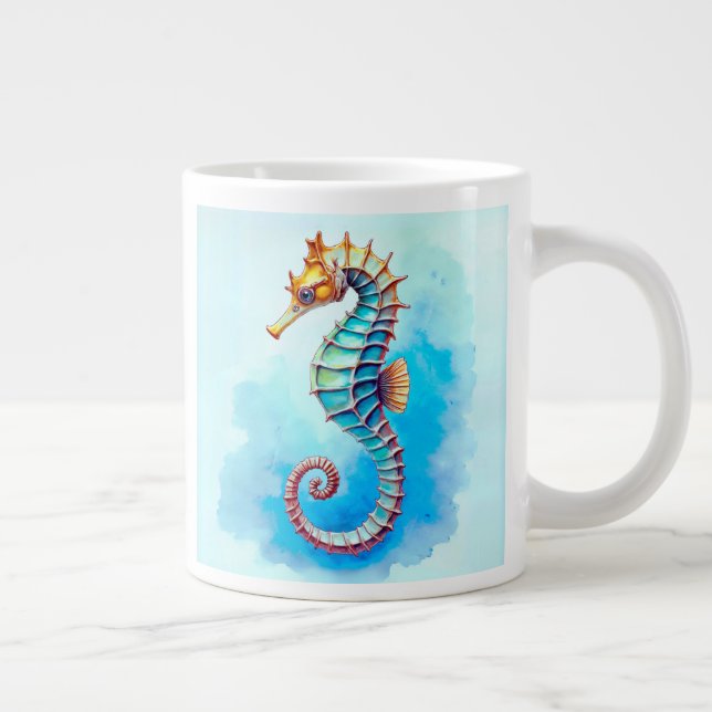 Watercolor Seahorse on Turquoise  Large Coffee Mug (Right)