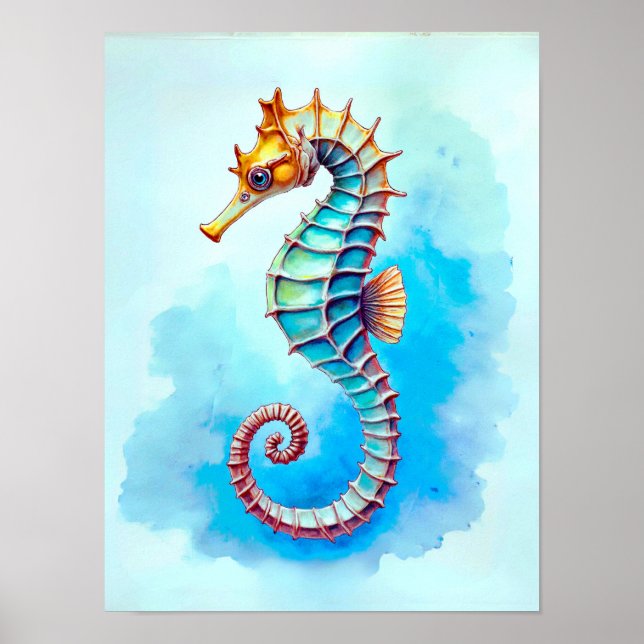 Watercolor Seahorse on Turquoise  Poster (Front)