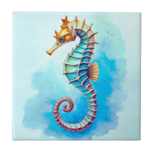Watercolor Seahorse on Turquoise Tile