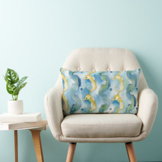 Watercolor Seahorse Pattern Beach Life Ocean Art Lumbar Cushion
