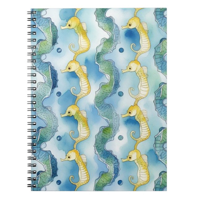 Watercolor Seahorse Pattern Beach Life Ocean Art Notebook (Front)