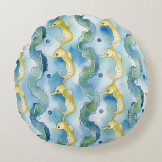 Watercolor Seahorse Pattern Beach Life Ocean Art Round Cushion