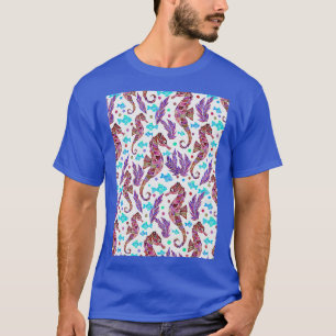 Watercolor Seahorse Pattern Dark Red Purple Turquo T-Shirt