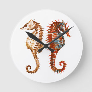 Watercolor Seahorse Pattern Round Clock