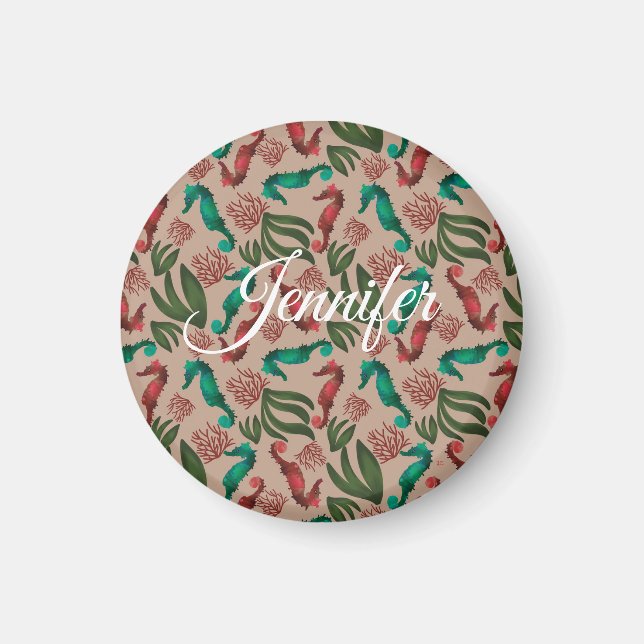 Watercolor Seahorse Pink Nautical Personalised  Magnet (Front)