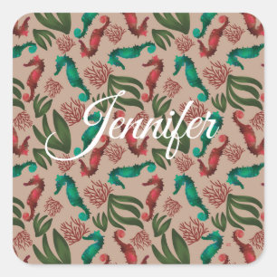 Watercolor Seahorse Pink Nautical Personalised Square Sticker