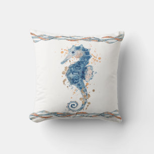 Watercolor Seahorse seafoam grey blue peach ribbon Cushion