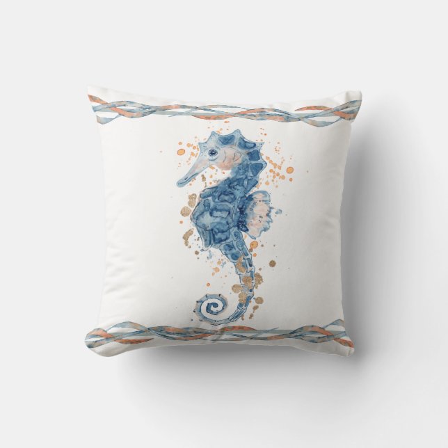 Watercolor Seahorse seafoam grey blue peach ribbon Cushion (Front)