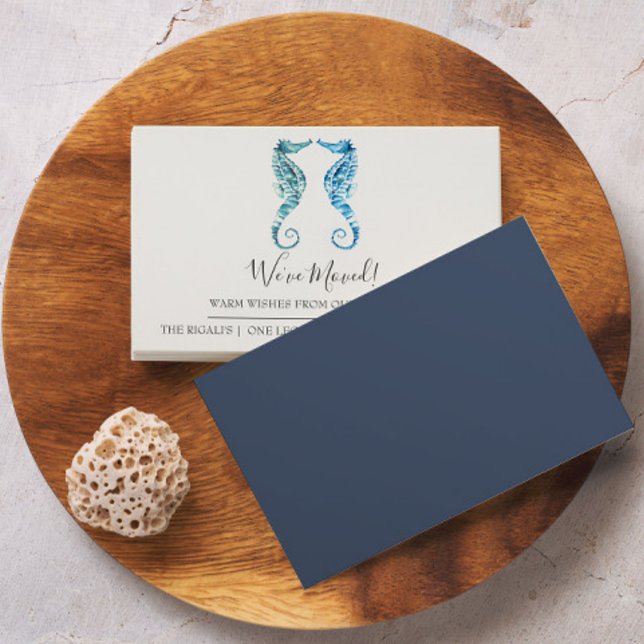 Watercolor Seahorse Small Moving Announcement Card (Small moving announcement cards watercolor coastal blue seahorse art by Victoria Grigaliunas)