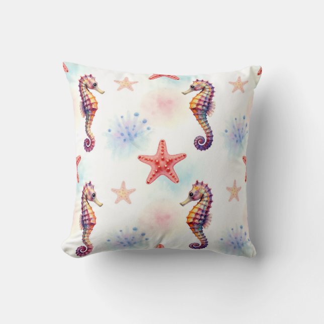 Watercolor Seahorse Starfish Pattern Cushion (Front)