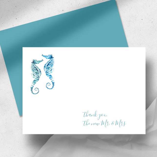 Watercolor Seahorse Thank You Stationery Card (Beach wedding thank you cards watercolor seahorse art by Victoria Grigaliunas of Do Tell A Belle)