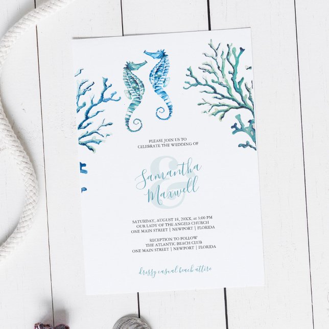 Watercolor Seahorse Wedding Invite Printing (Beach wedding invitation unique seahorse watercolor art by Victoria Grigaliunas)