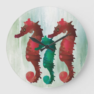 Watercolor Seahorses Nautical  Large Clock