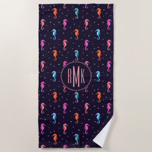 Watercolor Seahorses on Navy Blue Pattern Beach Towel