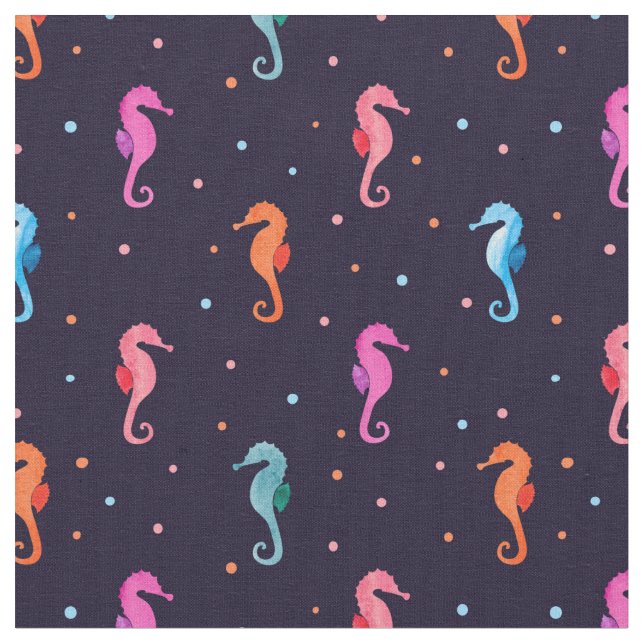 Watercolor Seahorses on Navy Blue Pattern Fabric (Close Up)