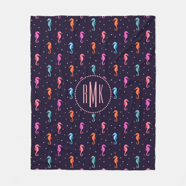 Watercolor Seahorses on Navy Blue Pattern Fleece Blanket (Front)