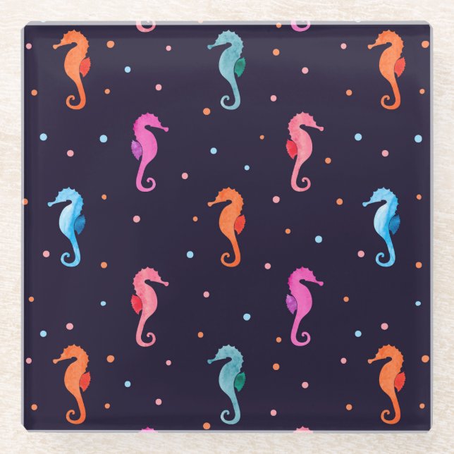 Watercolor Seahorses on Navy Blue Pattern Glass Coaster (Front)