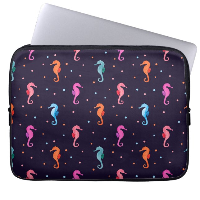 Watercolor Seahorses on Navy Blue Pattern Laptop Sleeve (Front)