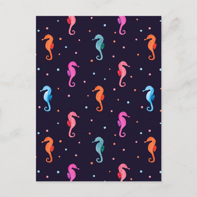 Watercolor Seahorses on Navy Blue Pattern Postcard (Front)