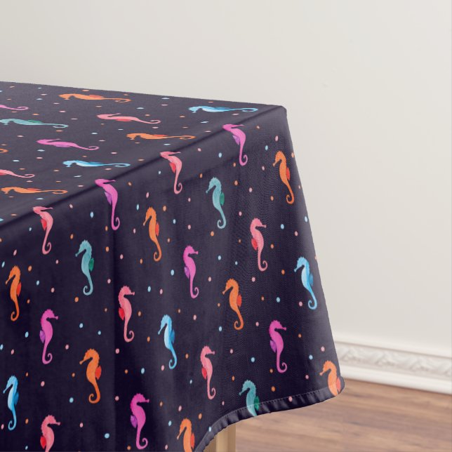 Watercolor Seahorses on Navy Blue Pattern Tablecloth (In Situ)
