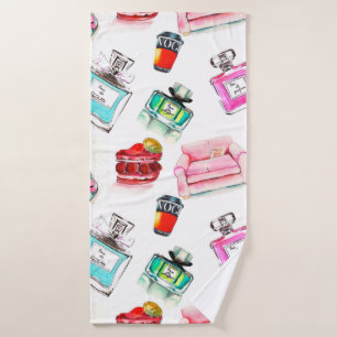 Watercolor seamless fashion glamour pattern on whi bath towel