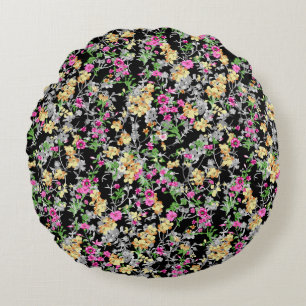 watercolor seamless floral pattern black backgroun round cushion