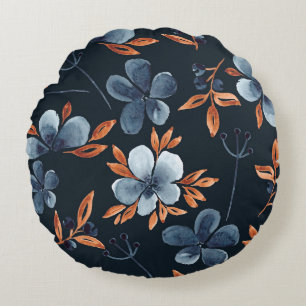 Watercolor seamless floral pattern with indigo flo round cushion